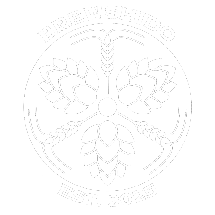 Brewshido logo which resembles a white kamon on black background, comprised of three equidistance stylised hops and decorated by barley ears